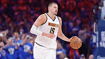 May 18, 2025; Oklahoma City, Oklahoma, USA; Denver Nuggets center Nikola Jokic (15) dribbles down the court against the Oklahoma City Thunder in the second quarter during game seven of the second round for the 2025 NBA Playoffs at Paycom Center. Mandatory Credit: Alonzo Adams-Imagn Images