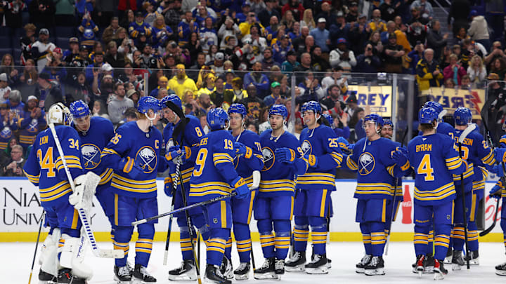 Mar 10, 2026; Buffalo, New York, USA;  The Buffalo Sabres celebrate a win against the San Jose Sharks at KeyBank Center. Mandatory Credit: Timothy T. Ludwig-Imagn Images