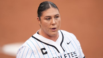 Bandits pitcher Taylor McQuillin plays the role of the eponymous team captain during an Athletes Unlimited Pro (now known as the All-Star Cup) game against Team Kilfoyl at Max R. Joyner Family Stadium on August 7, 2024 in Greenville, N.C.