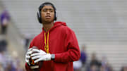 Nov 2, 2024; Seattle, Washington, USA; USC Trojans wide receiver Ja'Kobi Lane (8) participates in pregame warmups against the Washington Huskies at Alaska Airlines Field at Husky Stadium. Mandatory Credit: Joe Nicholson-Imagn Images