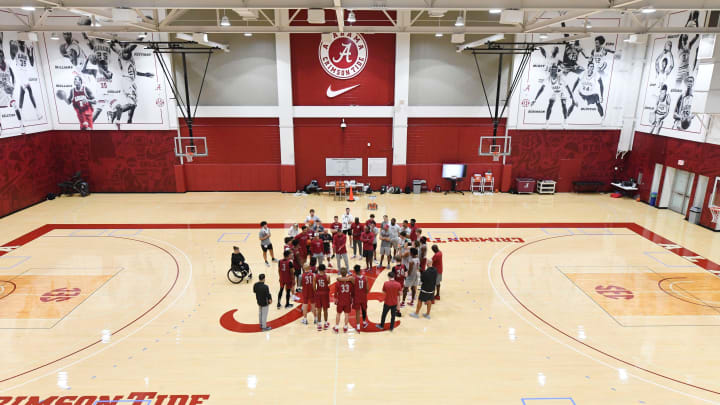 Alabama head coach Nate Oats brings the team together at half court before dismissing practice for the Crimson Tide Men   s Basketball team Monday, Sept. 25, 2023.