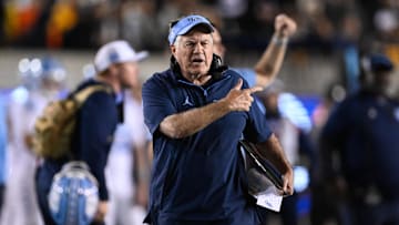 Oct 17, 2025; Berkeley, California, USA; North Carolina Tar Heels head coach Bill Belichick reacts against the California Golden Bears in the first quarter at California Memorial Stadium. Mandatory Credit: Eakin Howard-Imagn Images