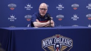 Sep 26, 2022; New Orleans, LA, USA;   New Orleans Pelicans vice president of basketball operations David Griffin during a press conference at the New Orleans Pelicans Media Day from the Smoothie King Center. Mandatory Credit: Stephen Lew-USA TODAY Sports