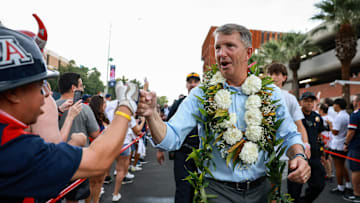Aug 31, 2024; Tucson, Arizona, USA; Arizona Wildcat head coach Brent Brennan interacts with fans as he walks down the Wildcat Walk before a game against the New Mexico Lobos at Arizona Stadium. Mandatory Credit: Aryanna Frank-Imagn Images
