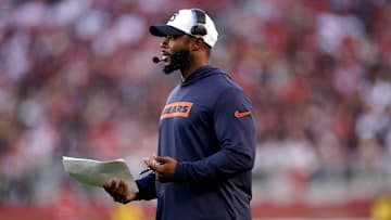 Dec 8, 2024; Santa Clara, California, USA; Chicago Bears interim head coach Thomas Brown stands on the field after calling a timeout against the San Francisco 49ers in the fourth quarter at Levi's Stadium. Mandatory Credit: Cary Edmondson-Imagn Images