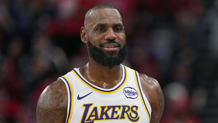 Dec 20, 2025; Inglewood, California, USA; Los Angeles Lakers forward Lebron James (23) reacts against the LA Clippers in the second half at Intuit Dome. Mandatory Credit: Kirby Lee-Imagn Images