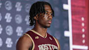 Oct 10, 2024; Charlotte, NC, USA; Boston College player Donald Hand Jr. answers questions from the media at The Hilton Charlotte Uptown. Mandatory Credit: Jim Dedmon-Imagn Images