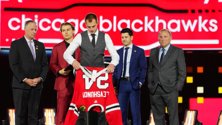 Jun 28, 2024; Las Vegas, Nevada, USA; Artyom Levshunov is selected with the 2nd overall pick in the first round of the 2024 NHL Draft by the Chicago Blackhawks at The Sphere.
Mandatory Credit: Stephen R. Sylvanie-USA TODAY Sports