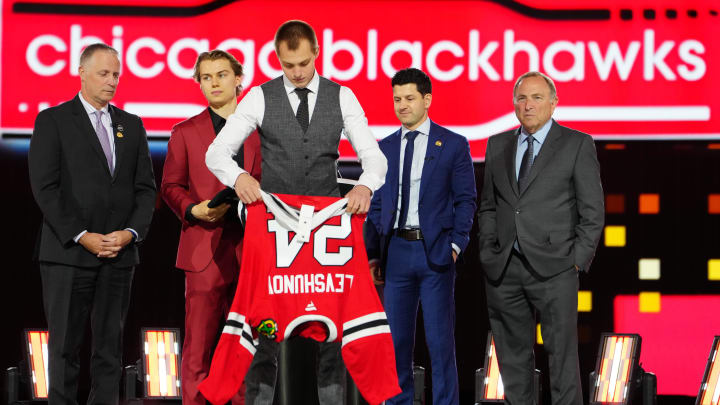 Jun 28, 2024; Las Vegas, Nevada, USA; Artyom Levshunov is selected with the 2nd overall pick in the first round of the 2024 NHL Draft by the Chicago Blackhawks at The Sphere.
Mandatory Credit: Stephen R. Sylvanie-USA TODAY Sports