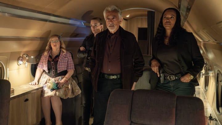 L-R: Kirsten Vangsness as Penelope Garcia, A.J. Cook as Jennifer ‘JJ’ Jareau, Joe Mantegna as David Rossi and Aisha Tyler as Dr. Tara Lewis in Criminal Minds: Evolution, episode 5, season 17 streaming on Paramount+, 2024. Photo Credit: Michael Yarish /Paramount+