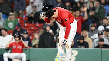 Sep 20, 2024; Boston, Massachusetts, USA; Boston Red Sox first baseman Triston Casas (36) reacts after striking out  during the 1th inning against the Minnesota Twins at Fenway Park. Mandatory Credit: Brian Fluharty-Imagn Images
