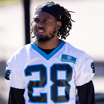 Jul 23, 2025; Charlotte, NC, USA; Carolina Panthers cornerback M.J. Devonshire (28) heads to the field for training camp. Mandatory Credit: Scott Kinser-Imagn Images
