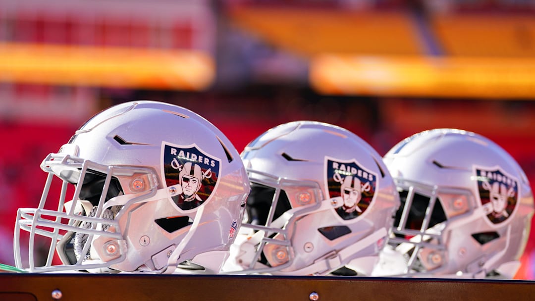 Nov 29, 2024; Kansas City, Missouri, USA; A general view of Las Vegas Raiders helmets against the Kansas City Chiefs prior to a game at GEHA Field at Arrowhead Stadium. Mandatory Credit: Denny Medley-Imagn Images