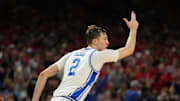 Apr 5, 2025; San Antonio, TX, USA; Duke Blue Devils forward Cooper Flagg (2) reacts after a play against the Houston Cougars during the second half in the semifinals of the men's Final Four of the 2025 NCAA Tournament at the Alamodome. Mandatory Credit: Bob Donnan-Imagn Images