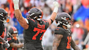Oct 19, 2025; Cleveland, Ohio, USA; Cleveland Browns guard Wyatt Teller (77) celebrates after running back Quinshon Judkins (10) scored a touchdown during the first half against the Miami Dolphins at Huntington Bank Field. Mandatory Credit: Ken Blaze-Imagn Images