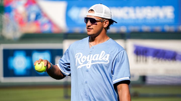 Jun 2, 2023; Kansas City, Missouri, USA; Kansas City Chiefs quarterback Patrick Mahomes warms up on field at the annual Big Slick celebrity softball game prior to a game between the Kansas City Royals and Colorado Rockies at Kauffman Stadium.