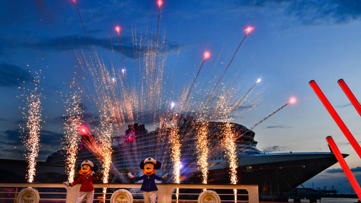 Mickey and Mini, along with fireworks greeted the Disney Wish after it docked at Cruise Terminal