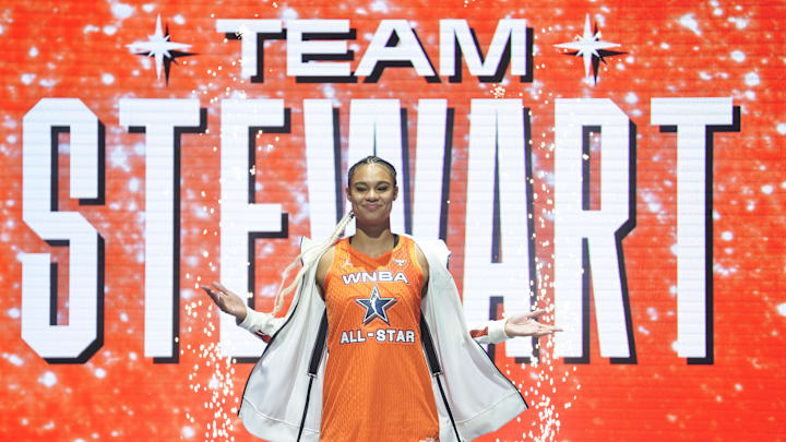 Jul 15, 2023; Las Vegas, NV, USA; Team Stewart frontcourt Satou Sabally (0) enters onto the stage during player introductions prior to the 2023 WNBA All-Star Game at Michelob Ultra Arena. Mandatory Credit: Lucas Peltier-Imagn Images