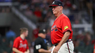 Jun 28, 2024; Atlanta, Georgia, USA; Atlanta Braves manager Brian Snitker (43) walks off the field against the Pittsburgh Pirates in the seventh inning at Truist Park. Mandatory Credit: Brett Davis-USA TODAY Sports
