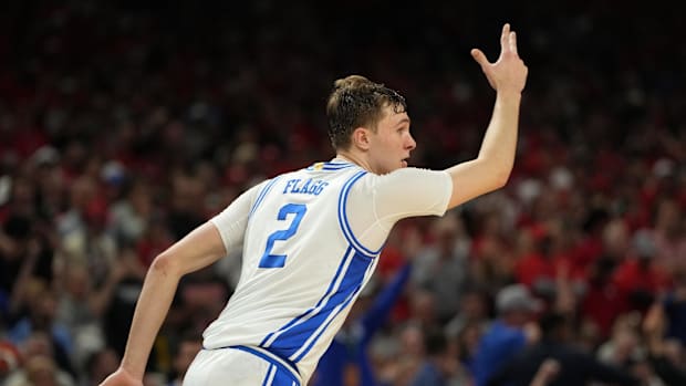 Duke Blue Devils forward Cooper Flagg (2) reacts after a play against the Houston Cougars during the second half in the semif