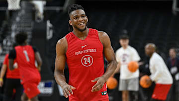 Mar 19, 2025; Providence, RI, USA; St. John's basketball forward Zuby Ejiofor (24) practices at Amica Mutual Pavilion.