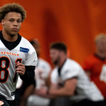 Cincinnati Bengals wide receiver Jermaine Burton (81) runs a route at Bengals spring practice at the IEL Indoor Facility in Cincinnati on Wednesday, June 12, 2024.