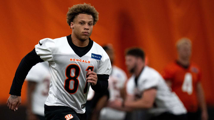 Cincinnati Bengals wide receiver Jermaine Burton (81) runs a route at Bengals spring practice at the IEL Indoor Facility in Cincinnati on Wednesday, June 12, 2024.