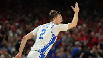 Apr 5, 2025; San Antonio, TX, USA; Duke Blue Devils forward Cooper Flagg (2) reacts after a play against the Houston Cougars during the second half in the semifinals of the men's Final Four of the 2025 NCAA Tournament at the Alamodome. Mandatory Credit: Bob Donnan-Imagn Images