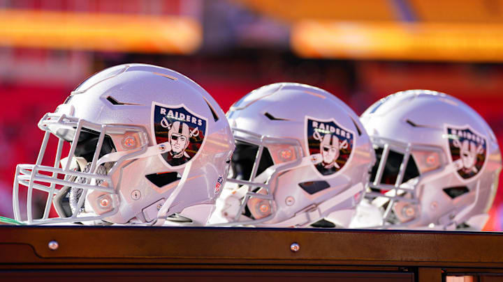 Nov 29, 2024; Kansas City, Missouri, USA; A general view of Las Vegas Raiders helmets against the Kansas City Chiefs prior to a game at GEHA Field at Arrowhead Stadium. Mandatory Credit: Denny Medley-Imagn Images Nov 29, 2024; Kansas City, Missouri, USA; A general view of Las Vegas Raiders helmets against the Kansas City Chiefs prior to a game at GEHA Field at Arrowhead Stadium. Mandatory Credit: Denny Medley-Imagn Images
