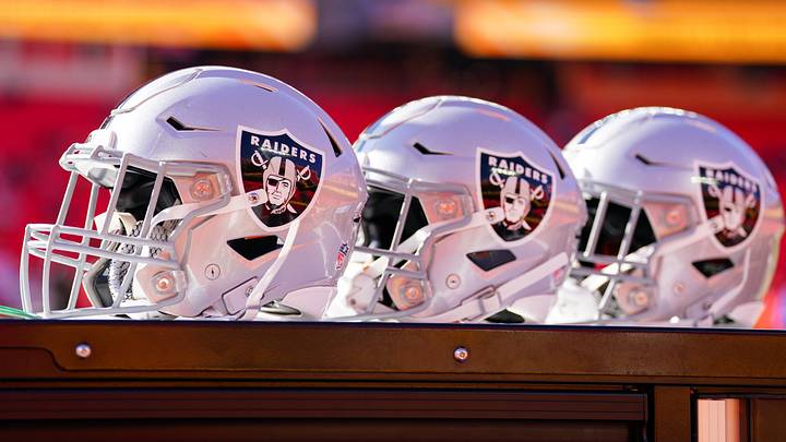 Nov 29, 2024; Kansas City, Missouri, USA; A general view of Las Vegas Raiders helmets against the Kansas City Chiefs prior to a game at GEHA Field at Arrowhead Stadium. Mandatory Credit: Denny Medley-Imagn Images