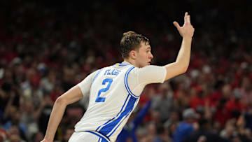 Apr 5, 2025; San Antonio, TX, USA; Duke Blue Devils forward Cooper Flagg (2) reacts after a play against the Houston Cougars during the second half in the semifinals of the men's Final Four of the 2025 NCAA Tournament at the Alamodome. Mandatory Credit: Bob Donnan-Imagn Images