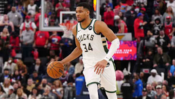 Jan 25, 2025; Inglewood, California, USA; Milwaukee Bucks forward Giannis Antetokounmpo (34) dribbles the ball against the LA Clippers in the second half at Intuit Dome. Mandatory Credit: Kirby Lee-Imagn Images