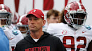 Dec 31, 2024; Tampa, FL, USA; Alabama Crimson Tide head coach Kalen DeBoer looks on before running onto the field before a game against the Michigan Wolverines at Raymond James Stadium. Mandatory Credit: Matt Pendleton-Imagn Images