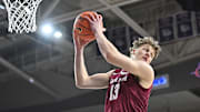 Santa Clara Broncos center Christoph Tilly (13) rebounds the ball against the Gonzaga Bulldogs in the first half at McCarthey Athletic Center.