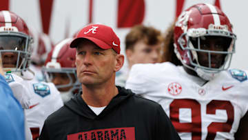 Dec 31, 2024; Tampa, FL, USA; Alabama Crimson Tide head coach Kalen DeBoer looks on before running onto the field before a game against the Michigan Wolverines at Raymond James Stadium. Mandatory Credit: Matt Pendleton-Imagn Images