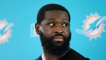 Aug 15, 2024; Miami Gardens, FL, USA; Miami Dolphins offensive tackle Terron Armstead (72) talks to reporters after joint practice with the Washington Commanders at Baptist Health Training Complex. 