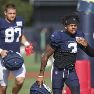 Jul 29, 2024; Houston, TX, USA; Houston Texans wide receiver Tank Dell (3) during training camp at Houston Methodist Training Center. Mandatory Credit: Troy Taormina-USA TODAY Sports