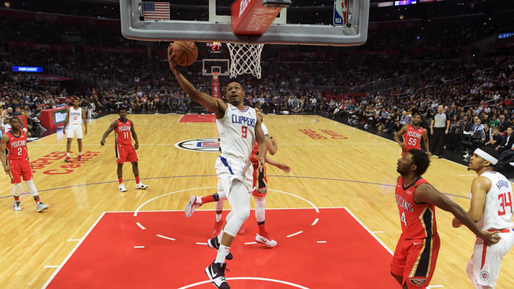 Apr 9, 2018; Los Angeles, CA, USA; LA Clippers forward C.J. Williams (9) shoots the ball against the New Orleans Pelicans during an NBA basketball game at Staples Center.