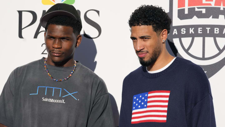 Aug 5, 2024; Paris, FRANCE; United States guard Anthony Edwards (L) and guard Tyrese Haliburton pose for a photograph during the Paris 2024 Olympic Summer Games at Team USA House. Mandatory Credit: John David Mercer-USA TODAY Sports