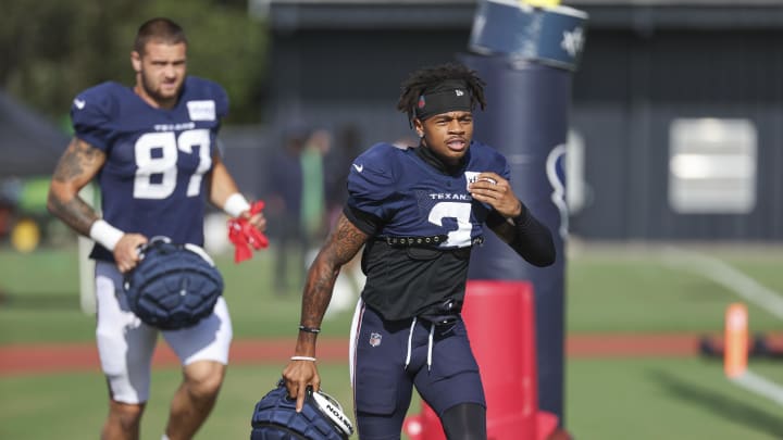 Jul 29, 2024; Houston, TX, USA; Houston Texans wide receiver Tank Dell (3) during training camp at Houston Methodist Training Center. Mandatory Credit: Troy Taormina-USA TODAY Sports