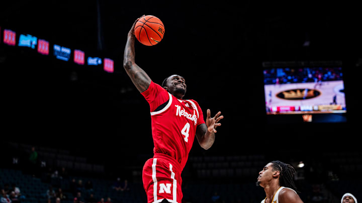 Nebraska forward Juwan Gary dunks the ball against Arizona State in the first round of the College Basketball Crown at MGM Grand Garden Arena.