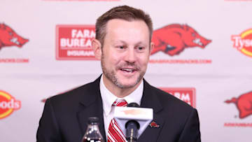Dec 4, 2025; Fayetteville, AR, USA; Arkansas Razorbacks head coach Ryan Silverfield during his introductory press conference at Frank Broyles Center. Mandatory  Credit: Nelson Chenault-Imagn Images