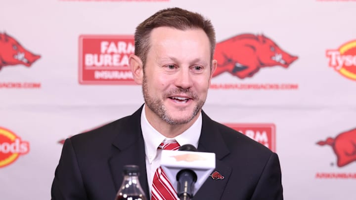 Dec 4, 2025; Fayetteville, AR, USA; Arkansas Razorbacks head coach Ryan Silverfield during his introductory press conference at Frank Broyles Center. Mandatory  Credit: Nelson Chenault-Imagn Images