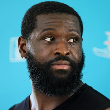 Miami Dolphins offensive tackle Terron Armstead (72) talks to reporters after joint practice with the Washington Commanders at Baptist Health Training Complex.