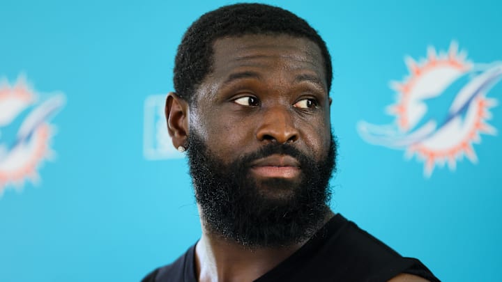 Miami Dolphins offensive tackle Terron Armstead (72) talks to reporters after joint practice with the Washington Commanders at Baptist Health Training Complex.