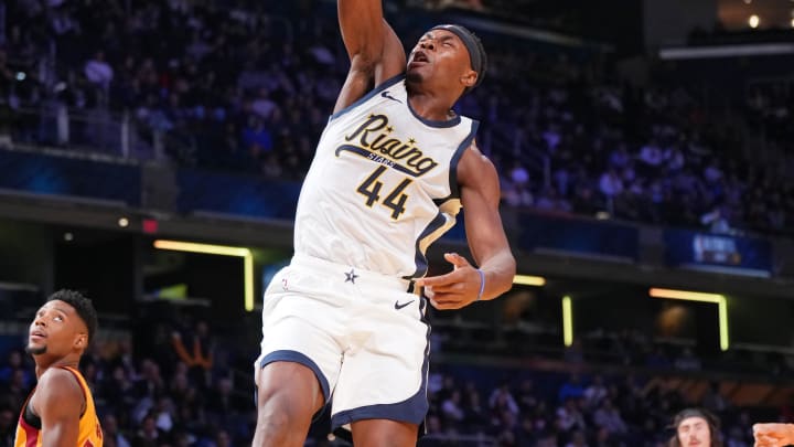 Feb 16, 2024; Indianapolis, Indiana, USA; Team Detlef center Oscar Tshiebwe (44) of the Indiana Mad Ants dunks the ball during a Rising Stars semifinal game at Gainbridge Fieldhouse. Mandatory Credit: Kyle Terada-USA TODAY Sports