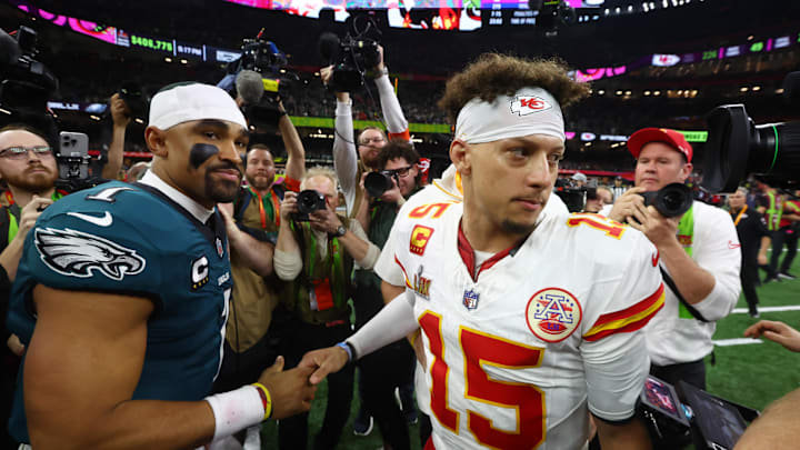 Philadelphia Eagles quarterback Jalen Hurts (1) shakes hands with Kansas City Chiefs quarterback Patrick Mahomes (15) after Super Bowl LIX at Ceasars Superdome. Philadelphia Eagles quarterback Jalen Hurts (1) shakes hands with Kansas City Chiefs quarterback Patrick Mahomes (15) after Super Bowl LIX at Ceasars Superdome.