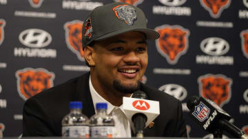 Apr 26, 2024; Lake Forest, IL, USA; Chicago Bears first round draft choice and number nine overall pick Rome Odunze speaks at a press conference at Halas Hall. Mandatory Credit: David Banks-USA TODAY Sports