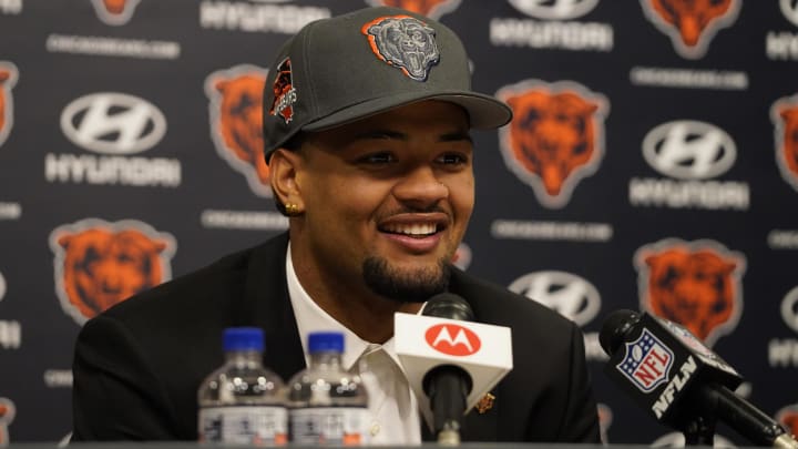 Apr 26, 2024; Lake Forest, IL, USA; Chicago Bears first round draft choice and number nine overall pick Rome Odunze speaks at a press conference at Halas Hall. Mandatory Credit: David Banks-USA TODAY Sports