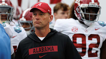 Dec 31, 2024; Tampa, FL, USA; Alabama Crimson Tide head coach Kalen DeBoer looks on before running onto the field before a game against the Michigan Wolverines at Raymond James Stadium. Mandatory Credit: Matt Pendleton-Imagn Images